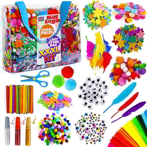 Blue Squid 2000Pcs Bastelset Kinder Kunst DIY bastelkoffer, in Aufbewahrungstasche, bastelsachen, bastelkiste infant ab 4 bis 12 bastelzubehör bastelkoffer mädchen jungen bastelbedarf kinder bastelset