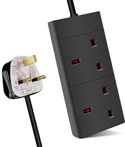 ExtraStar 2 Way Extension Lead, 13A Fused UK Plug Adapter, 3 Metre Extension Cable Power Strip - Black