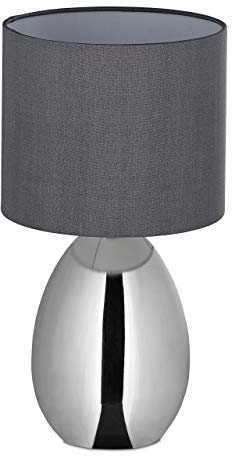 Relaxdays Nachttischlampe Touch dimmbar, moderne Touch-Lampe mit 3 Stufen, E14, Tischlampe mit Kabel, 33,5x18 cm, silber