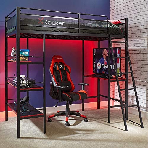 X-Rocker Fortress Bunk Bed with Desk Gaming Bed, Metal Kids Loft Bed Frame with 3 Shelves and Gaming Desk, Space Saving Design for Kids, Teens, Juniors, Single High Sleeper - BLACK