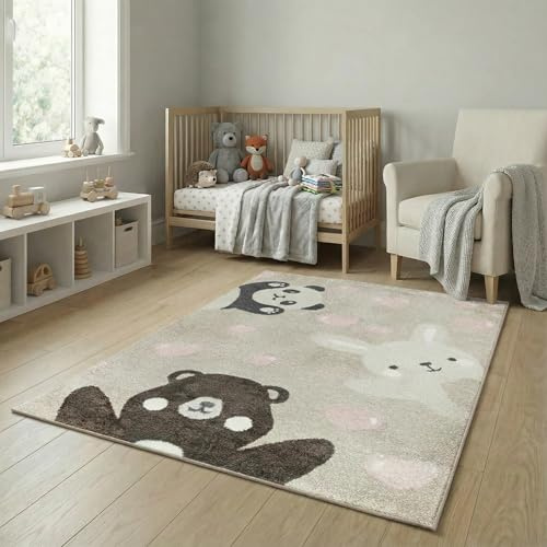 Jimri Teppich Kinderzimmer - Teppiche für Kinderzimmer, Kinderteppich, Kinderteppich Mädchen, Bär, Hase, Panda, Herz, (Beige, Größe: 120x170 cm)
