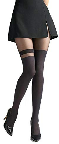 MARILYN Mock Suspender Tights Over Knee Stockings Illusion Thigh High European Design (XL, Overknee Line)