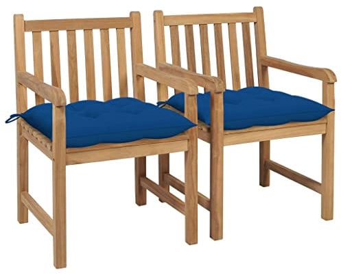 vidaXL 2X Teak Massiv Gartenstuhl mit Blauen Kissen Armlehnen Gartensessel Sessel Holzstuhl Stuhl Gartenmöbel Stühle Essstuhl Terrassenstuhl