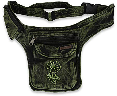 Bauchtasche Gürteltasche Hüfttasche Festivaltasche Sidebag Hippie Goa Stone-Washed Traumfänger Schlüsselband Nepal (Grün)