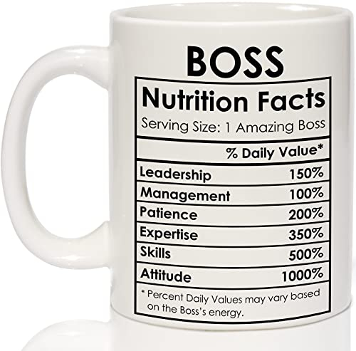 Breezy Valley Taza de café Boss – Divertido regalo de oficina para el día del jefe, cumpleaños o Navidad – Taza de Boss Lady con información nutricional