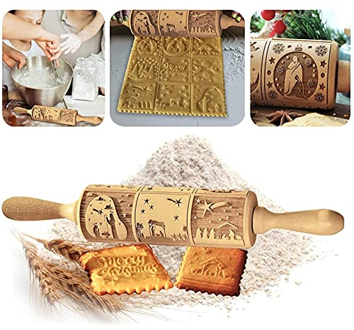 Weihnachten Präge Nudelholz,Teigroller Weihnachten Nudelholz, Nativity Engraved Rolling Pin, 3D Holz Nudelholz, Christmas Rolling Pin, Motiv Nudelholz,Teigroller aus Holz für DIY Plätzchen nach