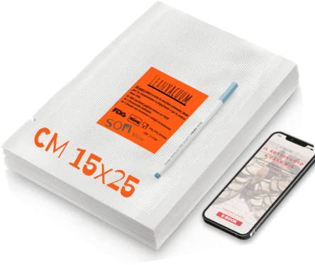 Sofidream Vakuumbeutel für Lebensmittel – Größe 15 x 25 – 100 Papiertüten für Sous Vide, Rezeptbuch und Permanentmarker, 25 m, insgesamt