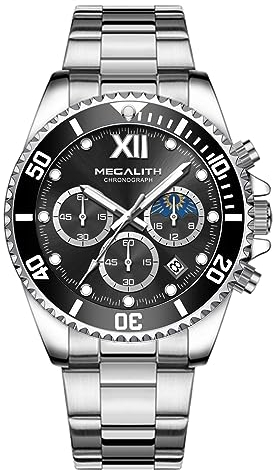 MEGALITH Herrenuhr Edelstahl Analog Chronograph Männer Uhr Moon Phase, Designer Herren Uhr Wasserdicht Leuchtende Quarz Mann Armbanduhr mit Datum, Uhren Herren Geschenke - Silber Schwarz