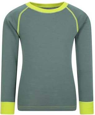 Mountain Warehouse Merino Kids Round Neck Thermal Baselayer Top – Long Sleeve, Lightweight, Antibacterial, Breathable & Quick Dry T-Shirt - Travelling & Outdoors Khaki Kids Size 7-8 Years