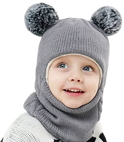 Balakaka 3-in-1-Schal Mütze Maske Winter Strickmütze Kindermütz, Doppel Pompon Kind Kinder Beanie Mütze, Warm Knitted Beanie Hat for 2-7 Jahre alte Jungen und Mädchen,grau