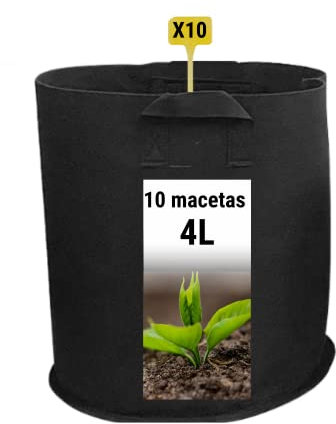 GROWMANIA 10 Bolsas de Cultivo de Tela Negra con Asas - Macetas de 4L de Capacidad para Plantas y Flores Redonda + Etiqueta de Regalo