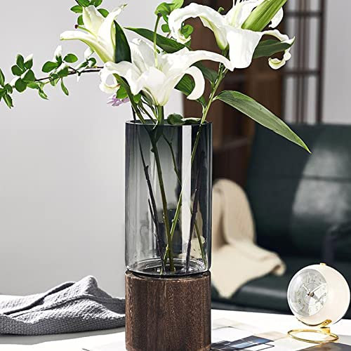 SUREH Vase à fleurs en verre gris avec base en bois léger - Vase haut de luxe moderne transparent pour salon, maison, bureau, centre de table