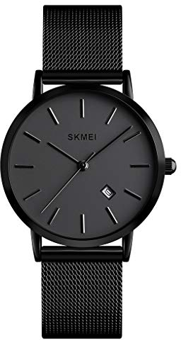 SKMEI Damen-Armbanduhr, schwarz, schmal, dünn, luxuriös, Edelstahl-Mesh-Uhren, modisch, wasserdicht, mit Datumsanzeige (schwarz), Retro
