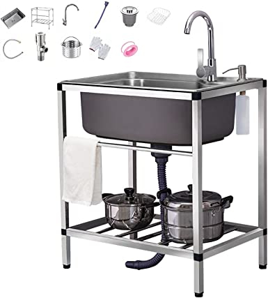 Ducunsheng Edelstahlspüle Spülbecken Outdoor Spüle Edelstahl Spülenschrank Mit Waschbecken Und Armatur, Sink Standwaschbecken Küche Spültisch, Mobiles Waschtisch Für Garten Camping
