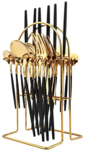 VISAML 24 pièces Ensemble de Vaisselle en Acier Inoxydable Ensemble de Couverts Cuisine Vaisselle Couteau Fourchette cuillère Couverts Noir Or argenterie for 6 (Color : Black Gold Frame)
