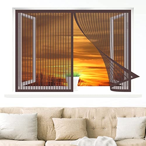 Mosquitera Cortina Magnetica, 150 x 105 cm Mosquitera para Ventanas Magnetica, Fácil de Ensamblar Autoadhesivo para Todas Las Ventanas Interiores y Exteriores, Marrón