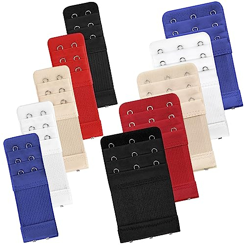 Bigqin Bh-Verlängerung, elastische BH Erweiterung 3 Haken BH-Träger BH Verlängerung 2 Haken - Schwarz Weiß Rot Blau Grau Hautfarben, 10 Stück