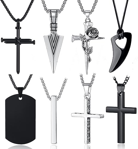 XIANNVXI 8 Pcs Mens Necklaces Set,Necklace for Men,Mens Jewellery,Black and Silver Stainless Steel Necklace Viking Gifts Viking Jewellery Men Accessories