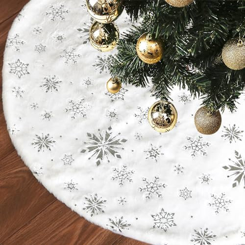 Miaikoe Christmas Tree Skirt, 36 inches Large Silver Snowflake White Faux Fur Thick Plush Xmas Tree Skirt Ornaments for Holiday Christmas New Year Decorations (90cm)
