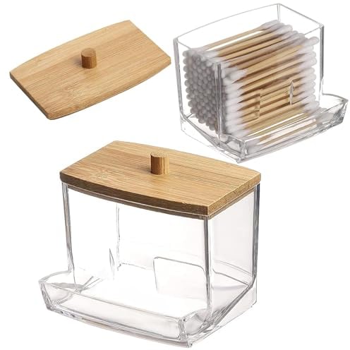 AIMIXUN 2 Pcs Cotton Bud Dispenser, Cotton Swab Dispenser with Bamboo Lids, Qtip Holder Makeup Organizer Holder Bathroom Canisters Bamboo Cosmetic Storage Jars Storage Containers for Floss