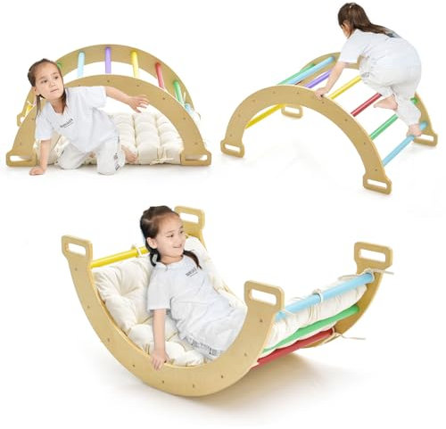 GOPLUS 2 en 1 Arco de Escalada Infantil de Madera, Basculante Con Cojín Suave, Montessori de Juego de Equilibrio de Entrenamiento, Carga 50 kg, Para 1 Año+ (Colorido)