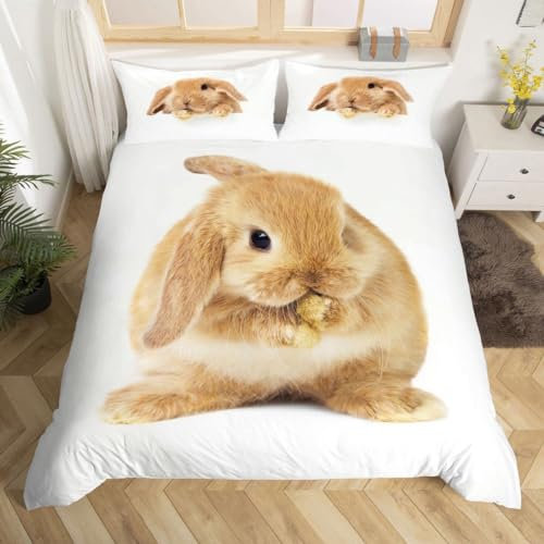 Bettwäsche 135x200 3teilig Bettbezug - Hase Bettwäsche Sets/Kinderbettwäsche mit Reißverschluss, Gelbes Süßes Tierkaninchen Mikrofaser Bettbezug 135x200cm + 2 Kissenbezug 80x80cm
