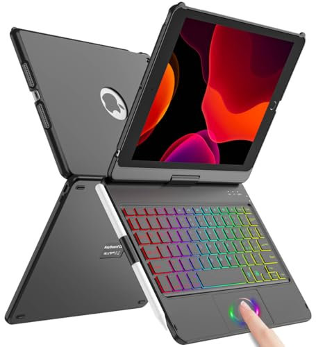 SZO Tastiera per iPad 9 Generazione 10.2 Custodia, Cover per iPad 9a/8a/7a Generazione, 360°Touchpad Flip Cover Rigida Custodia, Tastiera Bluetooth Wireless 7 Retroilluminazione, Auto Sleep/Wake, Nero