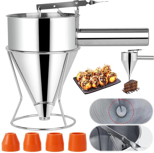 Bocguy Dispenser per Pasta in Acciaio Inox, 1200ml Imbuto Cucina, Imbuto Dosatore per Pastella con Supporto e 4 Imbuti, Imbuto Dosatore Per Torte da Forno Takoyaki, Salsa e Crema Imbuto Dosatore