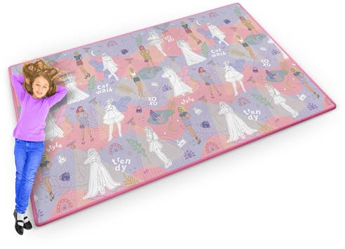 Ricokids - Spielmatte zum Bemalen - Set mit Buntstiften - für Babys und Kinder, Mädchen, Jungs - mit Mode-Motiven - 120 x 200 cm - Faltbar - Groß, XXL - Krabbelmatte, Boden - Rutschfest, Bunt