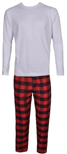 Gaffer Christmas Mens Pyjamas Set Trousers Woven Check Lounge Pants Long Sleeve T Shirts Top Red White PJ – Long Tshirt L