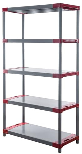 PROREGAL Kunststoffregal Grey Bear | Tall | HxBxT 180x100x46cm | Fachlast 120kg | Grau-Rot | Plastikregal Kellerregal Lagerregal Steckregal