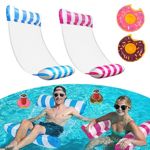 TAIHOBO 2 Stück Luftmatratze Pool mit 2 Aufblasbares Getränkehalter, Luftmatratze Wasser, Gemütliches Wasserhängematte Erwachsene Kinder, Strapazierfähiges Luftmatratze mit Netz, Leicht zu Tragen