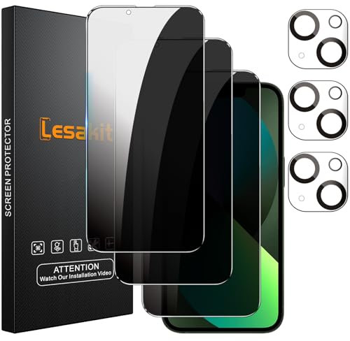 Lesakit [3+3 Stück Panzerglas Sichtschutz für iPhone 13 mit Kameraschutz, Full Screen, 9H Härte, Anti-Kratzer, Blasenfreie, Anti-Spy Gehärtete Glas Schutzfolie