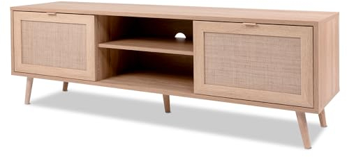 KHG TV-Lowboard hell-braun mit 2 Türen und 2 offenen Fächern modern Eiche-Optik, TV-Bank aus Holzwerkstoff Rattan-Optik, Gestell aus Massivholz - 150 x 52 x 40 cm (B/H/T)
