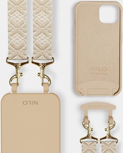 NILO® Set | Handyhülle mit Band, Handyband Beige Mattatang mit nudefarbener Handyhülle für iPhone 11 | hochwertige Handykette, verstellbar, mit Karabiner Gold