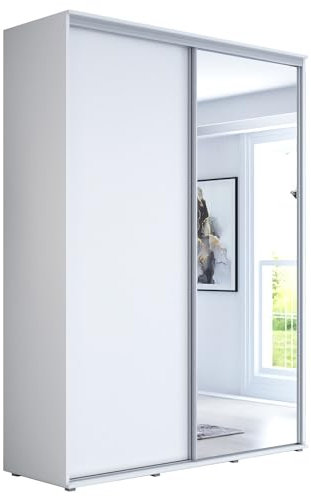 Meble Slupia Schwebetürenschrank Maja 1 - Großer Kleiderschrank mit Spiegel, Schiebetürenschrank, Kleiderstange und Einlegeboden - Schlafzimmerschrank Schiebetüren - 100 x 242 x 61 cm, Weiß