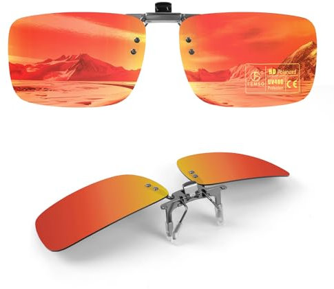 TEMSO Polarized Clip On Sunglasses Orange Mirror,Flip Up Over Prescription Glasses Mens Women,Fit for Myopia Glasses On Holiday Beach,Filter UVA UVB,HD Vision|True Color|60 * 41mm