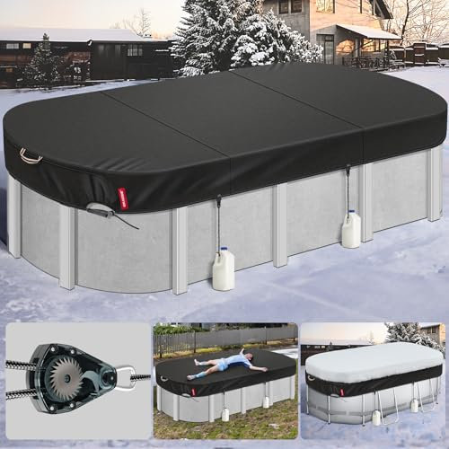 QH.HOME [2025 Upgrade Super Windproof] 8x14FT Oval Pool Cover for Above Ground Pools,[Durable and Tear-Resistant] Oval Winter Pool Cover with Enhanced Ratchets and Tarp Clips