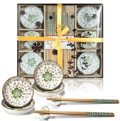 Finsink Set di stoviglie per sushi per 4 persone, 12 ciotole in ceramica, rotonde, motivo floreale di prugna, perfetto come regalo per coppie o compleanno