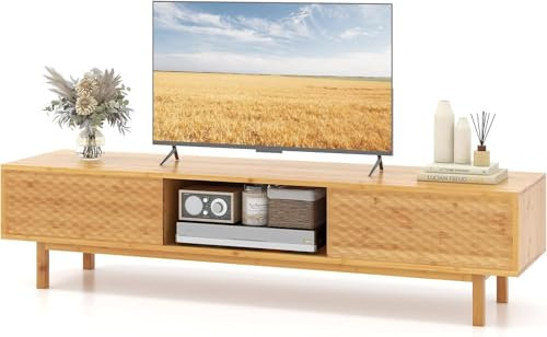 FANTASK TV-Schrank Bambus mit 2 Schiebetüren und 3 separaten Schränken, TV-Lowboard für TV-Geräte bis 70 Zoll, 160 x 40 x 38 cm, Natur