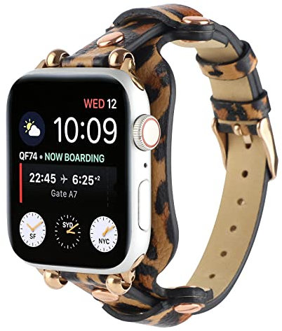 Bracelet Cuir Etroit Compatible avec Bracelet Apple Watch 38mm 40mm 41mm, Bracelet Remplacement Cuir Fin Véritable pour Apple Watch SE/iWatch Series 9 8 7 6 5 4 3 2 1 (Leopard print)