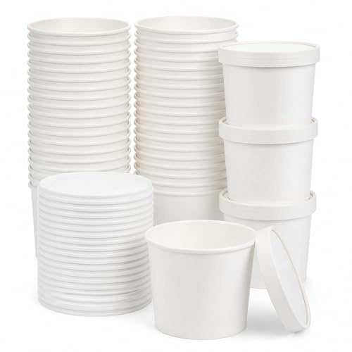 STARVAST 50 Stück Suppenbecher mit Deckel 16 oz, Weiße Einwegbecher aus Kraftpapier, Pappbecher mit Papierdeckel 102 x 97 x 75 mm, To Go Becher für Suppe, Eintopf und Speisen