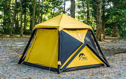TAILI Inflatable Blow Up Tent for Camping with Hand Pump for 2/4/6/8 Person Easy Setup Outdoor Inflatable Oxford Waterproof Air Tent for Family Camping Adult (Yellow Black, 4 person 240 x 240CM)