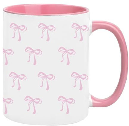 Huipalon Cute Bow Coffee Mug Pink and White Kawaii Ceramic Mug for Women for Home Office Café 11oz