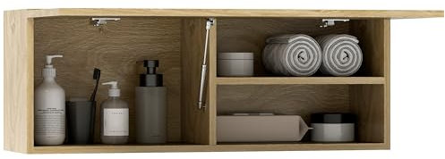 HOMCOM Mobiletto Pensile Bagno con Anta a Ribalta, Armadietto Bagno Sospeso con Ripiani in Legno, 80x25x30 cm, Legno Naturale