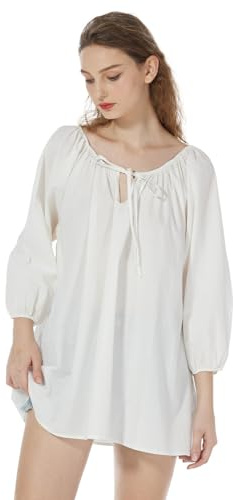 BEAUTELICATE Chemisier Victorien Renaissance Rétro en 100% Coton De Femme Haut Steampunk Gothique Médiévale Blouse Manches 3/4 Tops à Épaules Dénudées Blanc, S