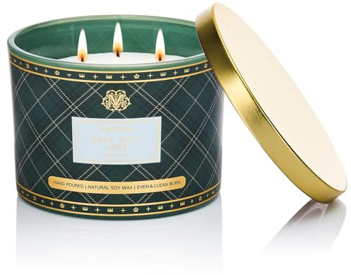 M&SENSE 330g Luxury Candela alla Soia Profumata Basilico E Menta Selvatica|3 Stoppini in Cotone 65H, Aromaterapia Non Tossica, Barattolo Vetro Rigato Vintage, Regalo Donna Compleanno/Mamma Gift