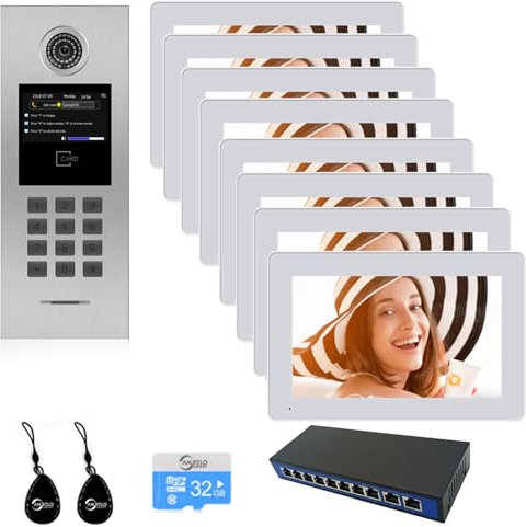 Tuya Smart Video Intercom System 6 Einheit 7 Zoll IP Video Sprechanlage für Mehrfamilienhaus Sicherheit Home Access Control System mit Digital Keypad und IC-Karte (1 Türklingel + 8 Monitor)