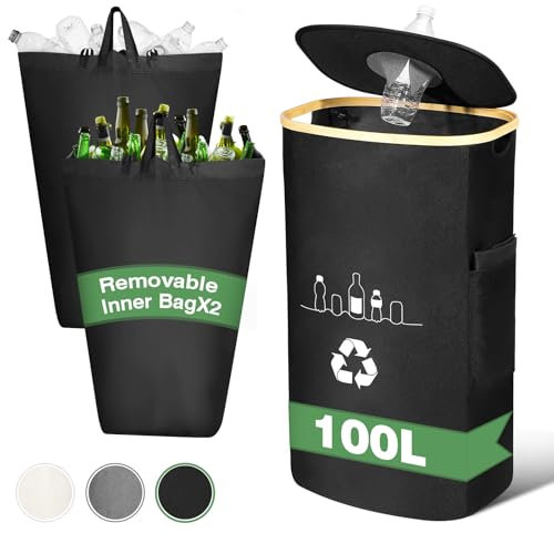 Sumapner 100L Pfandflaschen Sammelbehälter mit Deckel, Groß Pfandflaschen Aufbewahrung, Behälter Leergut & Altglas Aufbewahrung, Flaschensammler mit Loch Küche Abstellraum Flaschentasche, Schwarz