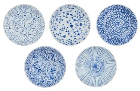 Starry Mart Ichiyama Minoyaki Aizome Karakusa Japanese Porcelain Bowl Set – 5 Traditional Blue & White Patterns | Handcrafted Rice or Side Dish Bowls – Direct Import from Japan
